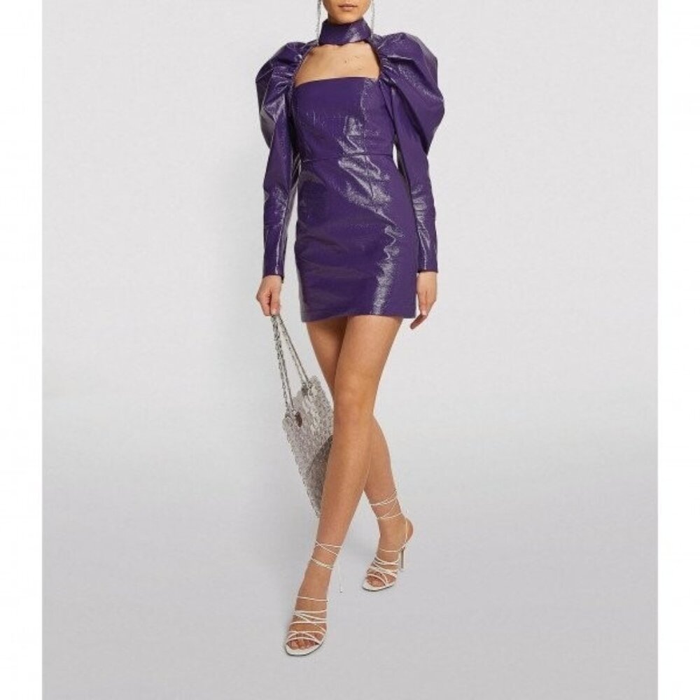 ROTATE Birger Christensen Purple Kaya Vegan Leather Dress Puff Sleeve Size 4